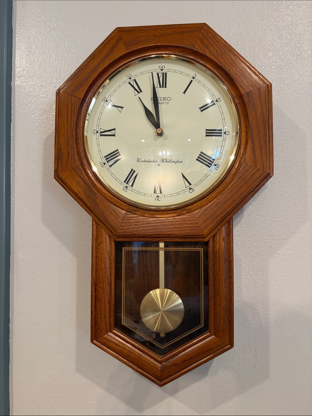 Seiko Brown Wood Wall Clock with Gold Pendulum
